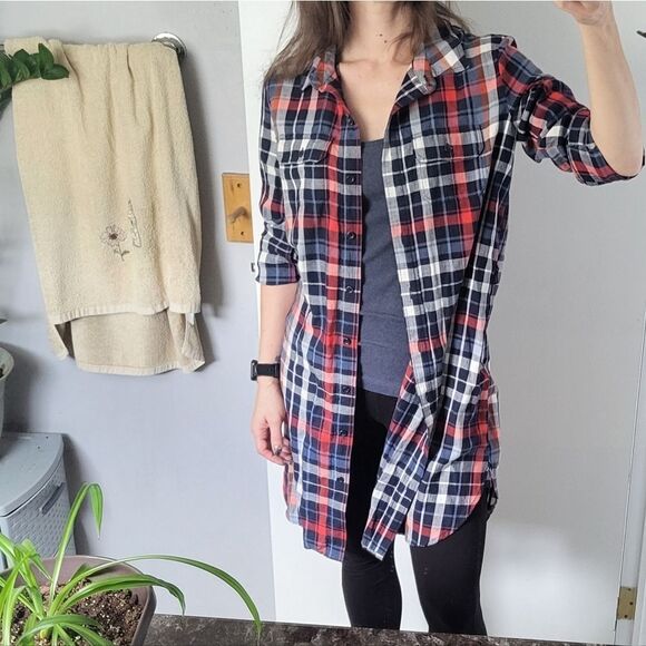 Universal Thread S Long-Sleeved Blue & Red Plaid Button-Down Flannel ShirtDress - Picture 2 of 9